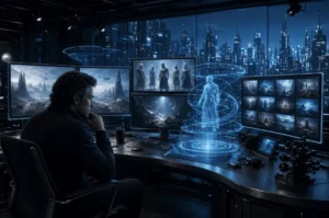 A film director working at multiple monitors with AI-generated science fiction visuals in a futuristic studio.