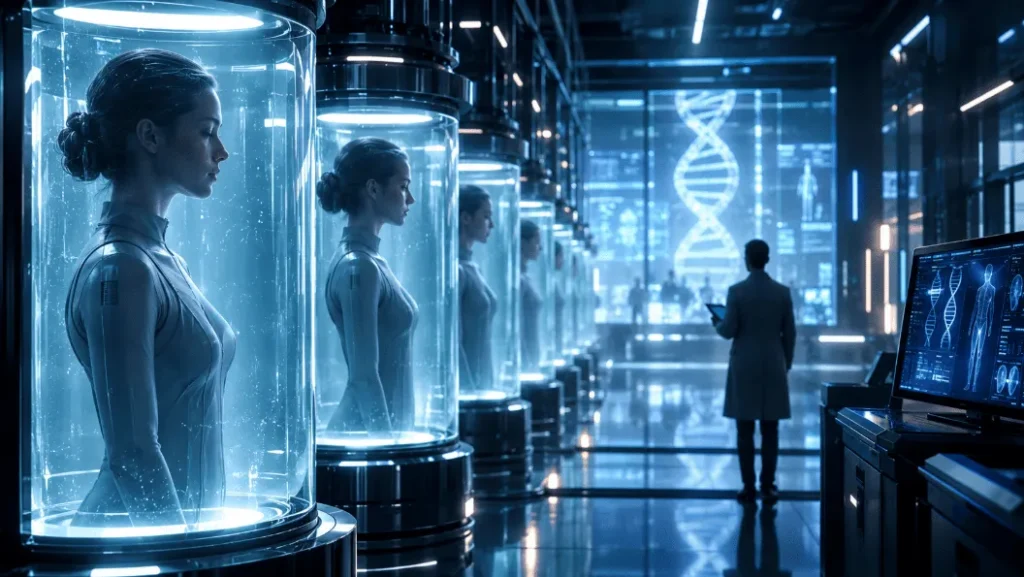 A futuristic cloning laboratory with identical human clones in illuminated glass pods and a scientist observing them.