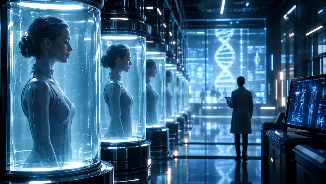 A futuristic cloning laboratory with identical human clones in illuminated glass pods and a scientist observing them.
