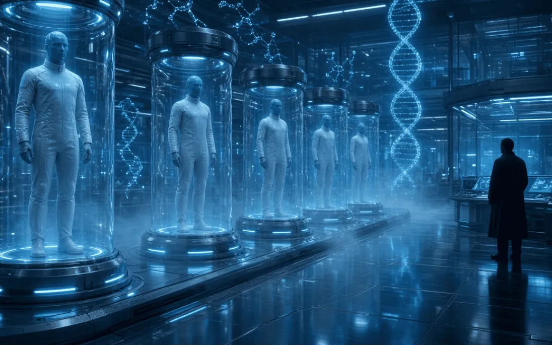 A futuristic cloning laboratory with illuminated pods containing human clones and advanced medical equipment.