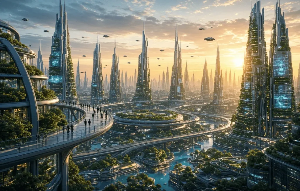 A futuristic megacity with towering skyscrapers, elevated roads, and flying vehicles at sunrise.