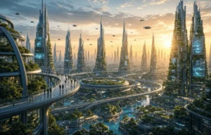 A futuristic megacity with towering skyscrapers, elevated roads, and flying vehicles at sunrise.