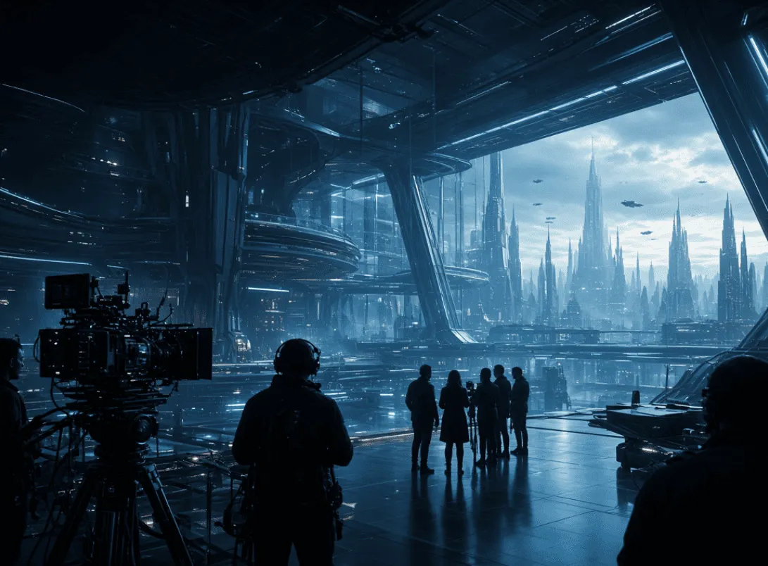 A futuristic science fiction film set with production crew silhouettes, cinema cameras, and illuminated architecture.