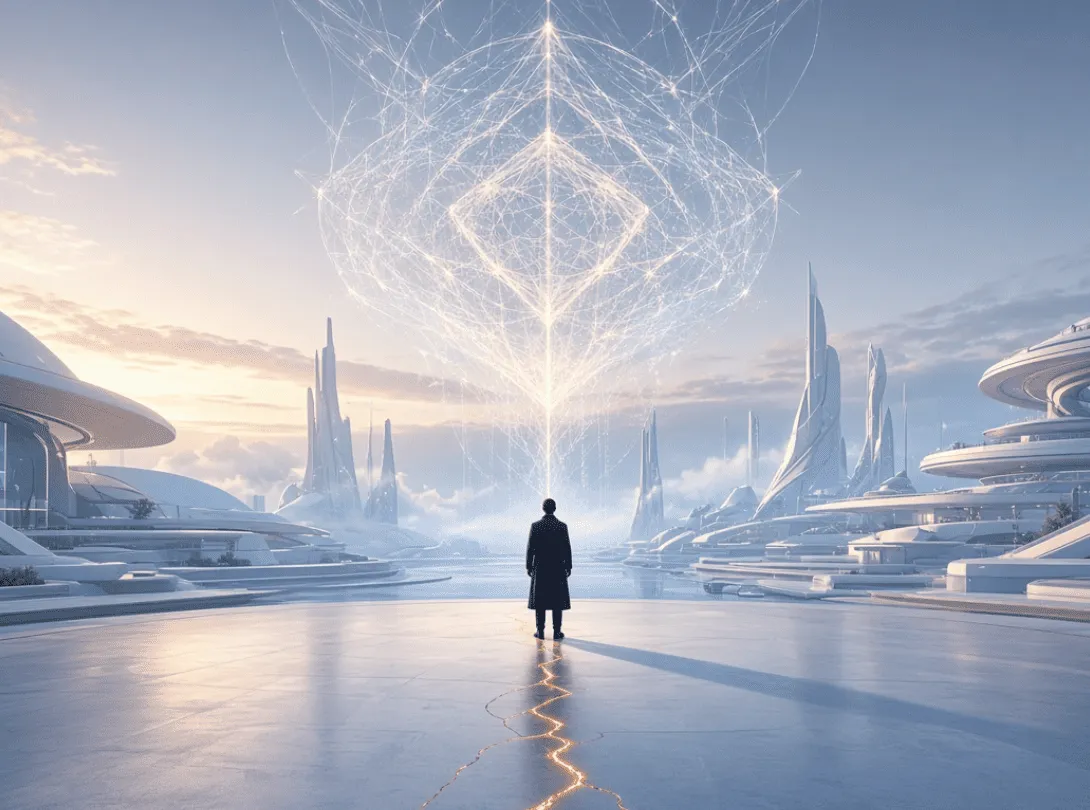 A glowing AI presence above a pristine future city with a lone human figure below, inspired by GAIA in ECHO OF THE CLONE