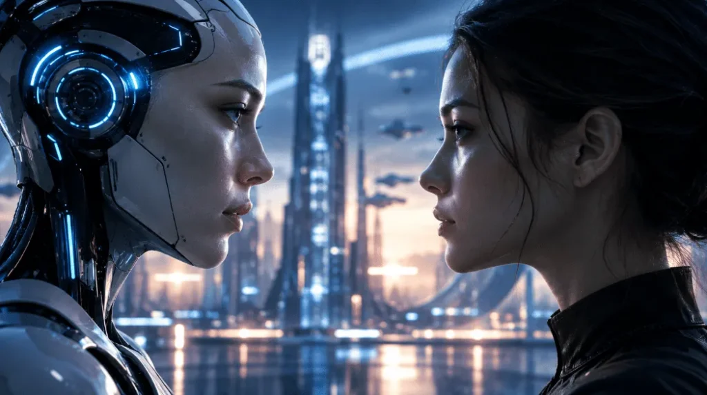 A human woman and a futuristic android facing each other in a blue-lit science fiction setting.