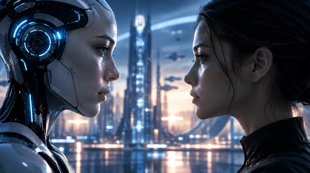 A human woman and a futuristic android facing each other in a blue-lit science fiction setting.