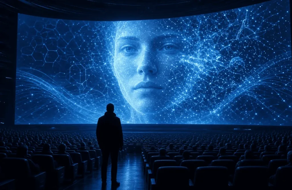 A lone figure standing in a futuristic cinema auditorium, facing a giant screen displaying a human face.