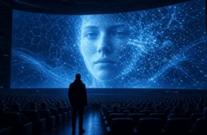 A lone figure standing in a futuristic cinema auditorium, facing a giant screen displaying a human face.