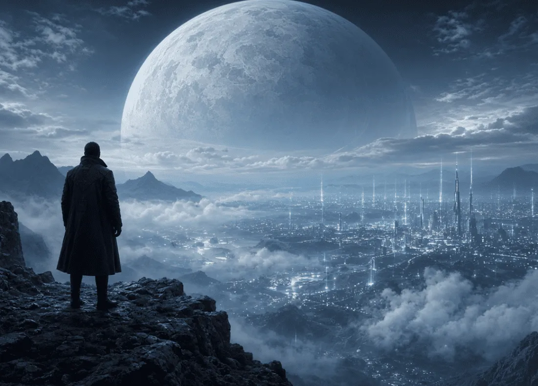 A lone person overlooking a vast futuristic landscape beneath a large blue planet.