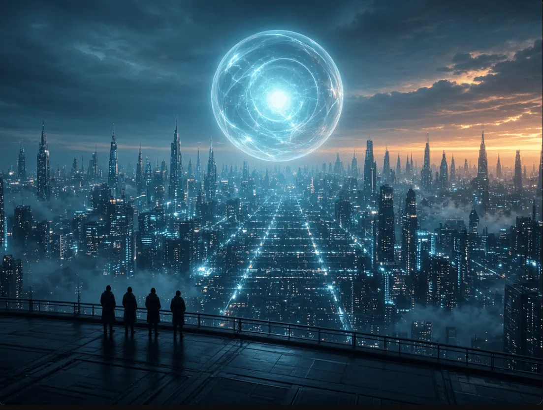 A luminous AI core hovering above a futuristic city while people watch from a walkway, illustrating AI governance