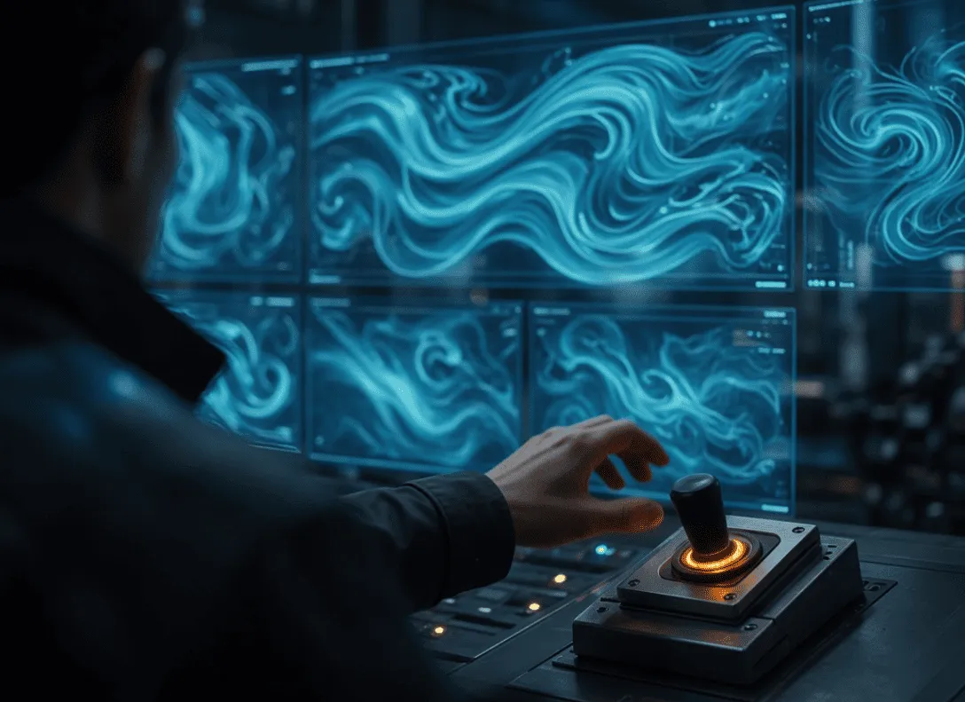 A person in a dim control room with a hand near a manual override switch, representing human oversight of AI