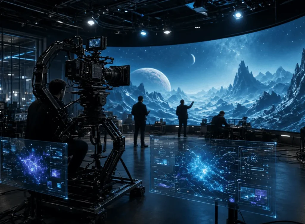 A professional film camera recording a futuristic scene inside an advanced virtual production studio.