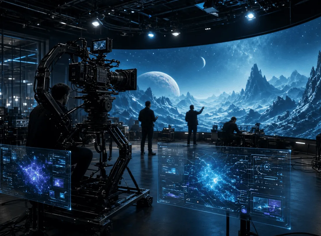A professional film camera recording a futuristic scene inside an advanced virtual production studio.