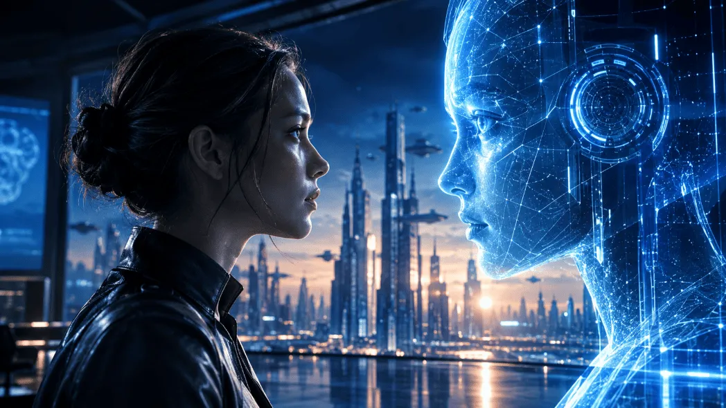 A woman facing a holographic AI figure against a futuristic city skyline.