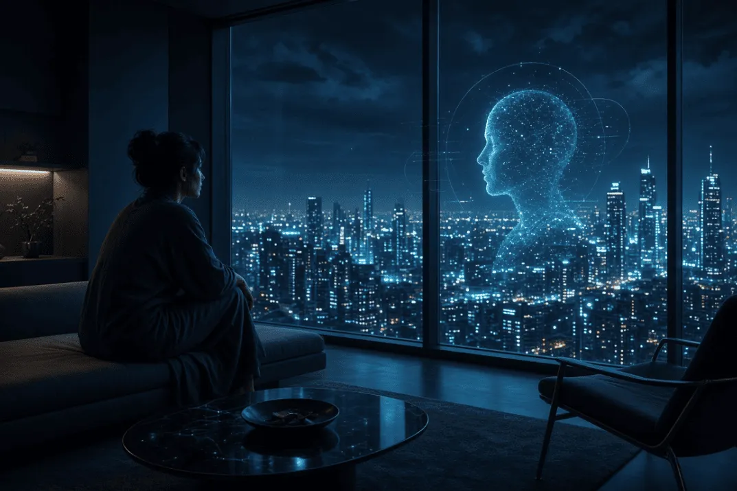 A woman sitting alone beside a window overlooking a futuristic city at night.