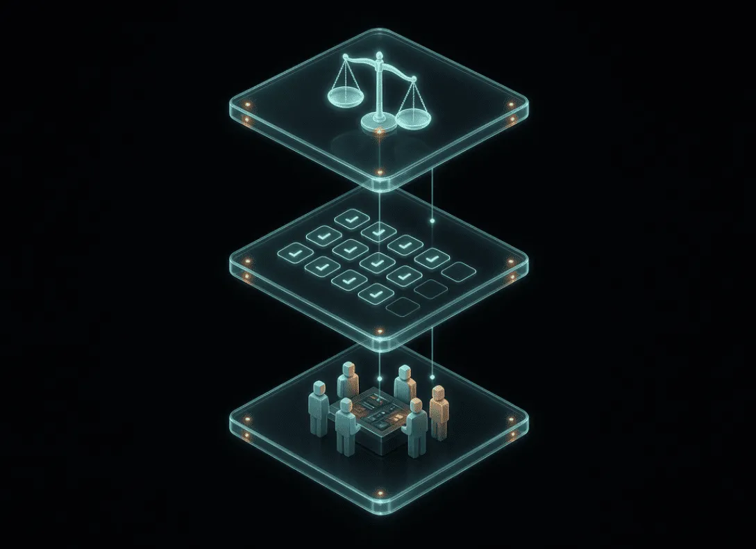 Three stacked glass panels showing the layers of AI governance: laws, standards, and organizational practice