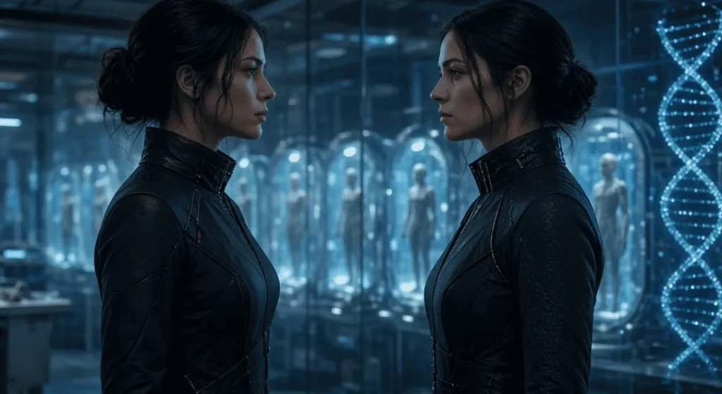 Two identical women facing each other in a futuristic laboratory, representing questions of identity and human rights.