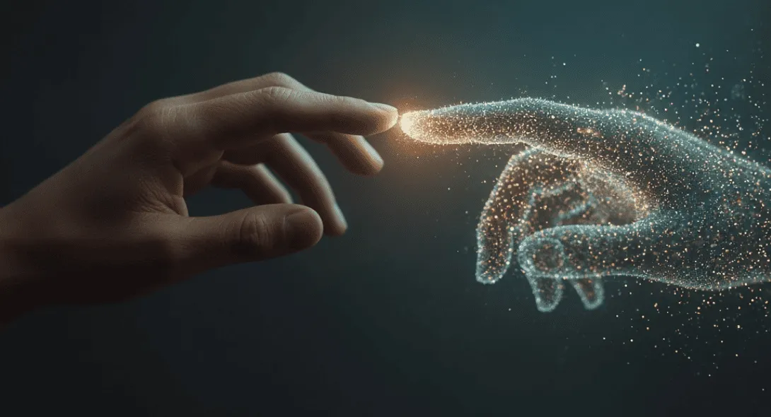 A glowing scale of justice balancing a human silhouette against a digital circuit pattern, representing AI ethics