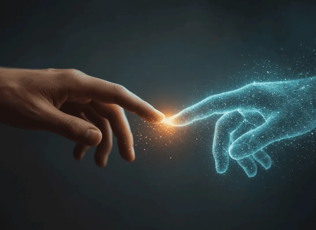 A human hand and a glowing digital hand reaching toward each other, representing AI and humanity