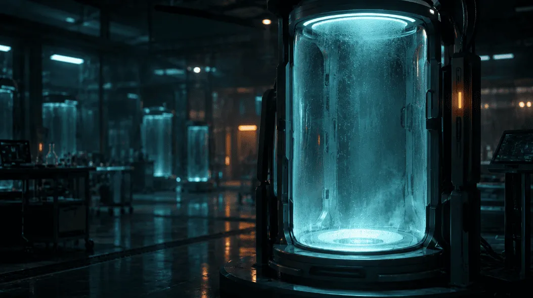 A glass incubation pod glowing softly in a dim lab, empty and waiting, representing questions of consent in human cloning