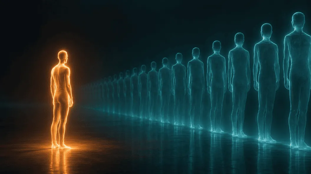 A single glowing human silhouette standing before a wall of identical faint silhouettes, representing the ethics of human cloning