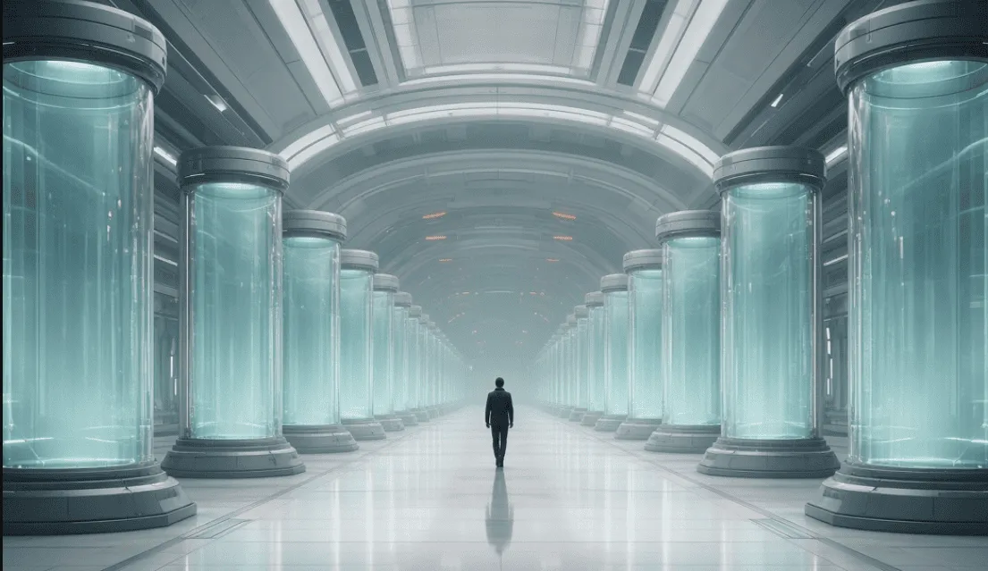 A futuristic cloning facility with rows of glass chambers, inspired by the cloning technology in ECHO OF THE CLONE