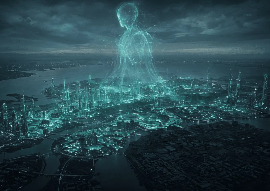 A glowing artificial intelligence taking on a human silhouette inside a futuristic cloning facility, inspired by ECHO OF THE CLONE