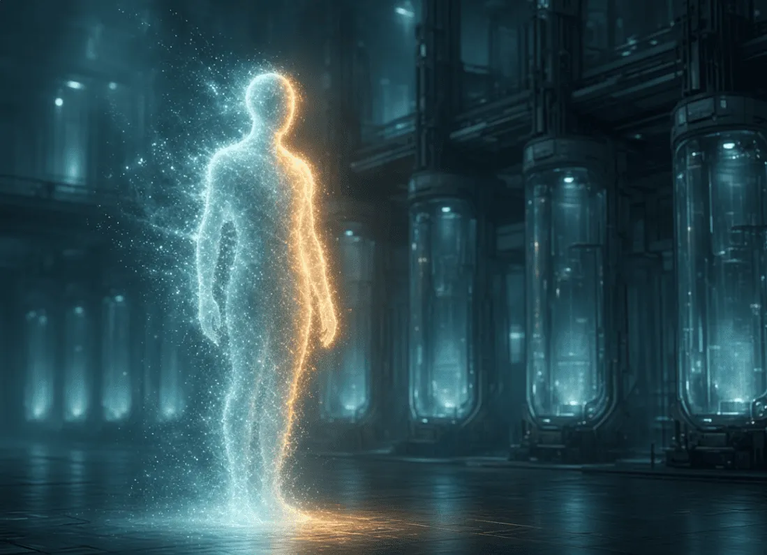A glowing AI presence overseeing a calm, orderly futuristic city at night with one dim, unlit district in the distance, inspired by ECHO OF THE CLONE