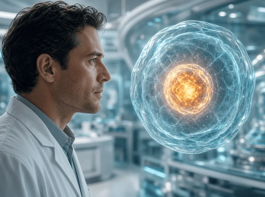 A scientist studying a glowing cell nucleus in a futuristic laboratory, illustrating human cloning