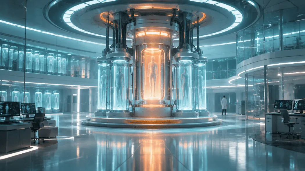 A sleek corporate cloning laboratory with a glowing machine at its center, inspired by the cloning technology company in ECHO OF THE CLONE