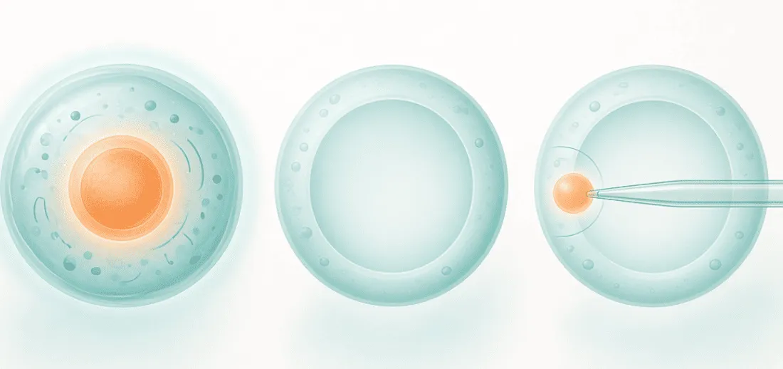 Illustration of somatic cell nuclear transfer showing a nucleus moving from a body cell into an empty egg cell