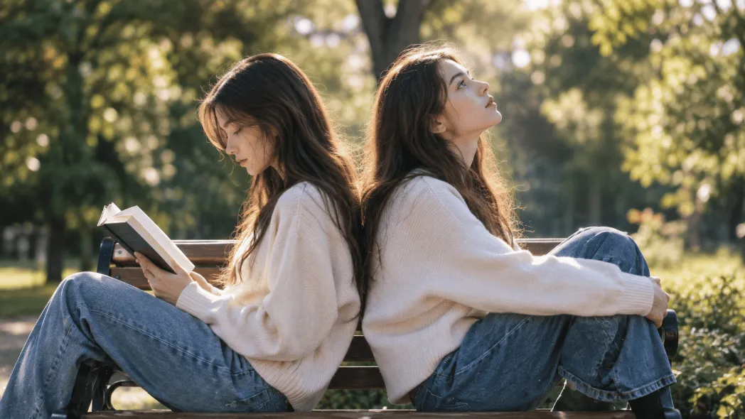 Two identical twins sitting back to back on a sunlit bench, one reading and one looking at the sky, representing shared DNA and different identities